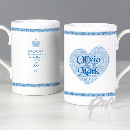 Personalised Mr & Mrs Blue Damask Heart Slim Mug