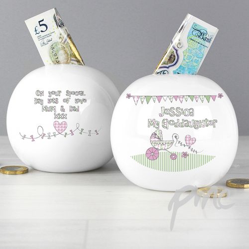 Personalised Whimscial Pram Goddaughter Money Box
