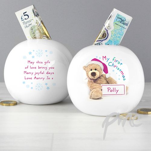 Personalised Teddy 1st Christmas Money Box