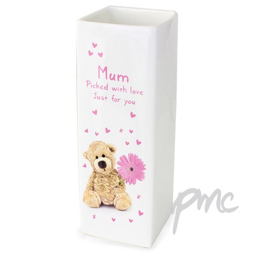 Personalised Teddy Flower White Square Vase