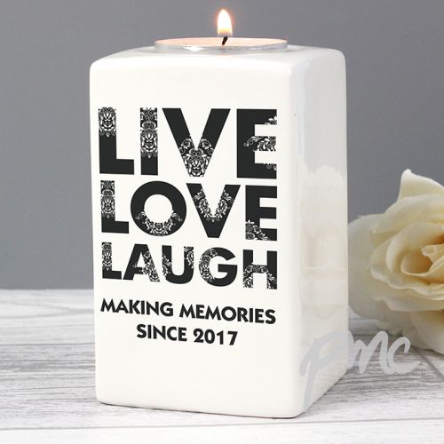 Personalised Live Love Laugh Ceramic Tea Light Candle Holder