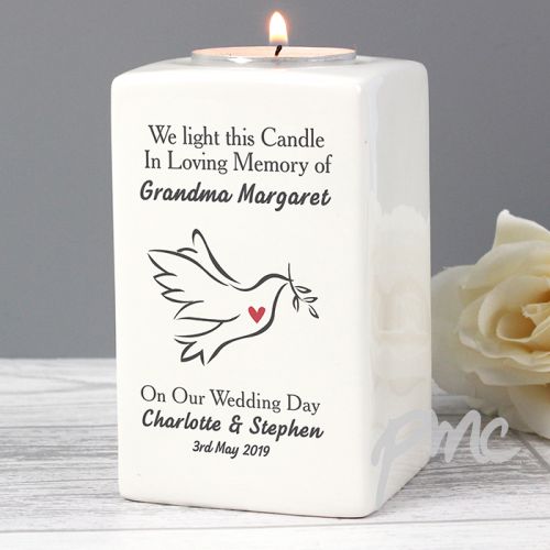 Personalised In Loving Memory Dove Ceramic Tea Light Candle Holder