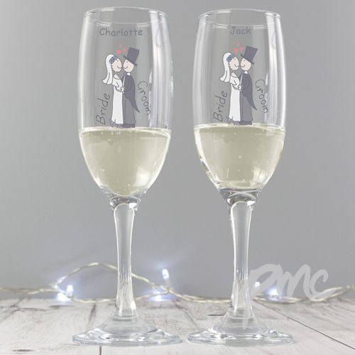 Personalised Cartoon Couples Pair of Flutes with Gift Box