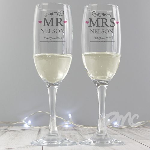 Personalised Mr & Mrs Pair of Flutes with Gift Box