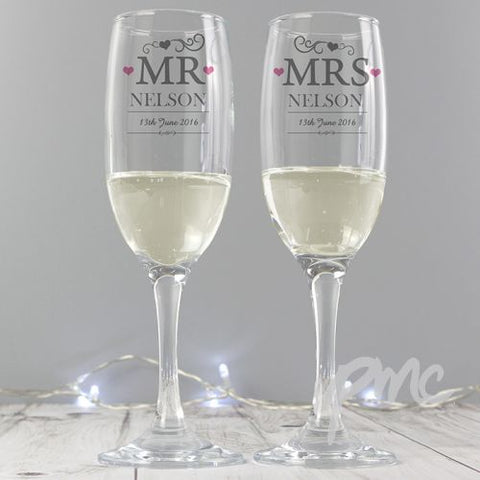 Personalised Mr & Mrs Pair of Flutes with Gift Box