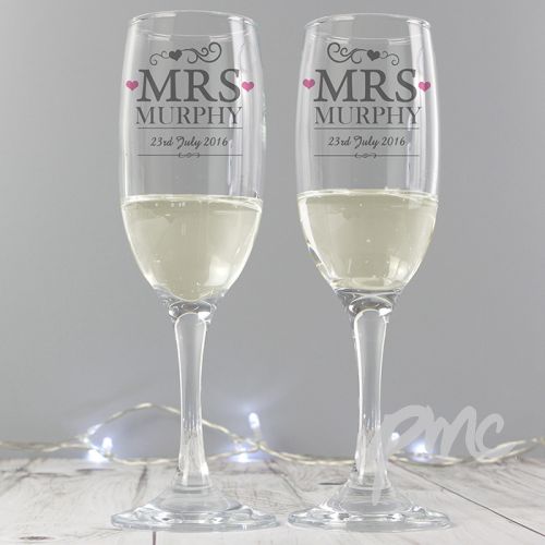 Personalised Mrs & Mrs Pair of Flutes with Gift Box
