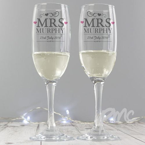 Personalised Mrs & Mrs Pair of Flutes with Gift Box