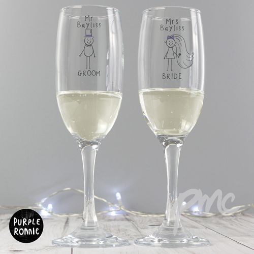 Personalised Purple Ronnie Wedding Mr & Mrs Pair of Flutes with Gift Box