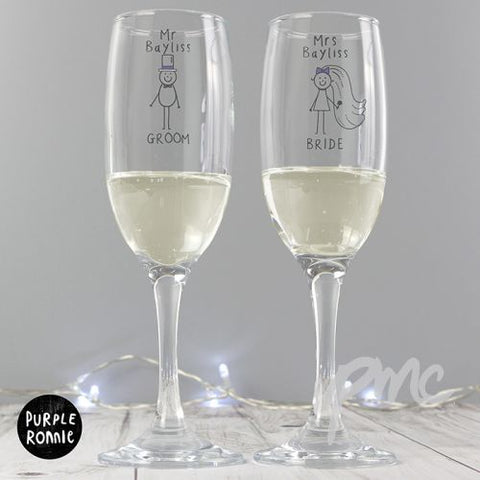 Personalised Purple Ronnie Wedding Mr & Mrs Pair of Flutes with Gift Box