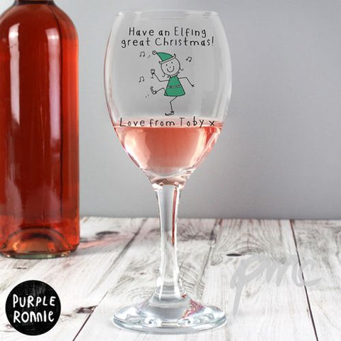 Personalised Purple Ronnie Christmas Elf Wine Glass