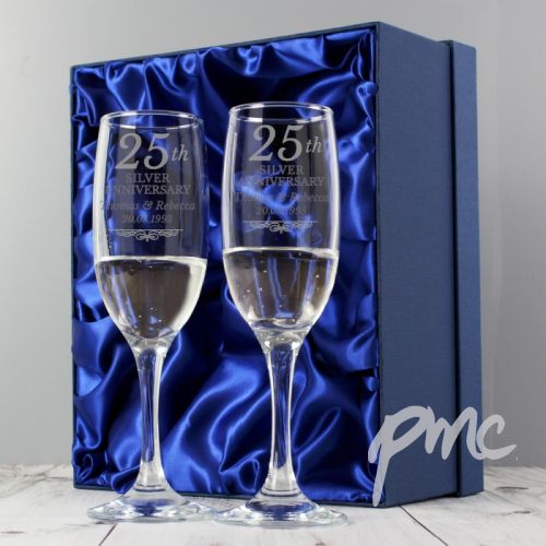 Personalised Silver Anniversary Pair of Flutes With Gift Box