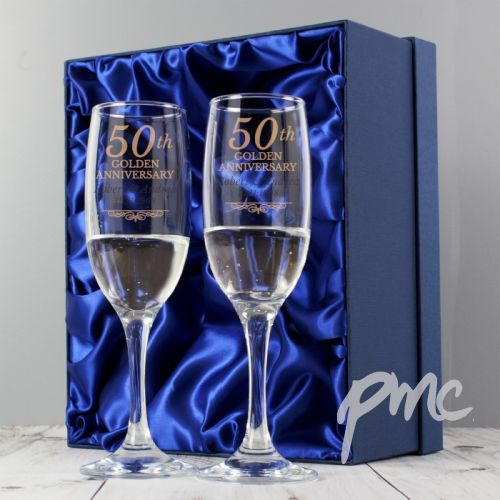 Personalised Golden Anniversary Pair of Flutes With Gift Box