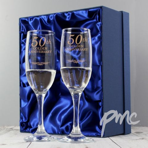 Personalised Golden Anniversary Pair of Flutes With Gift Box