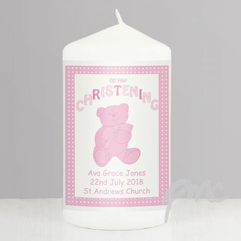 Personalised Teddy Pink Christening Candle