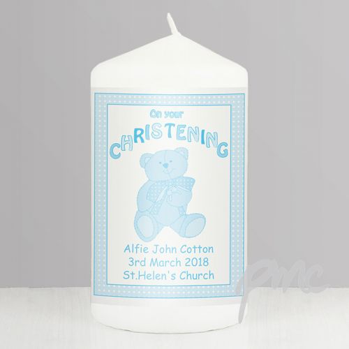 Personalised Teddy Blue Christening Candle