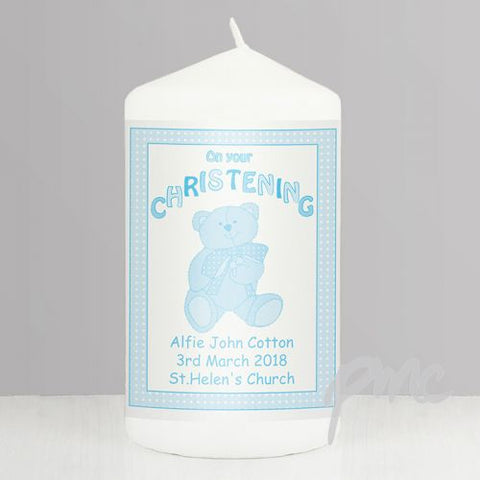 Personalised Teddy Blue Christening Candle