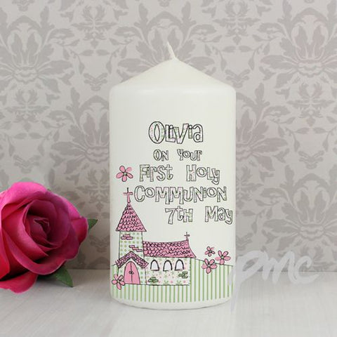 Personalised Whimsical Church Pink 1st Holy Communion Candle