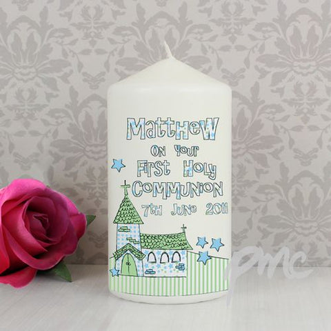 Personalised Whimsical Church Blue 1st Holy Communion Candle