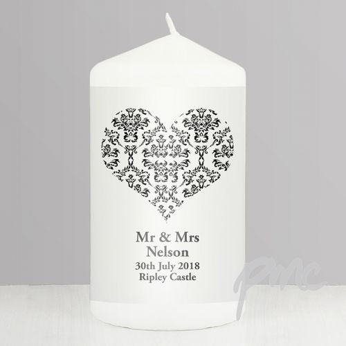Personalised Black Damask Heart Candle