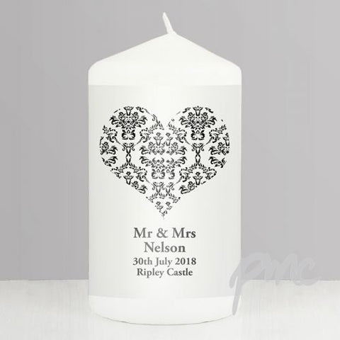 Personalised Black Damask Heart Candle