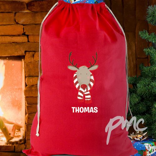 Personalised Retro Reindeer Red Cotton Sack