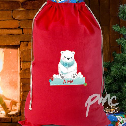 Personalised Polar Bear  Red Cotton Sack