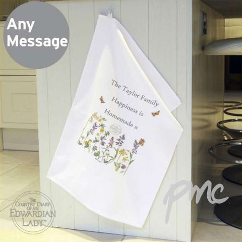 Personalised Country Diary Wild Flowers White Tea Towel