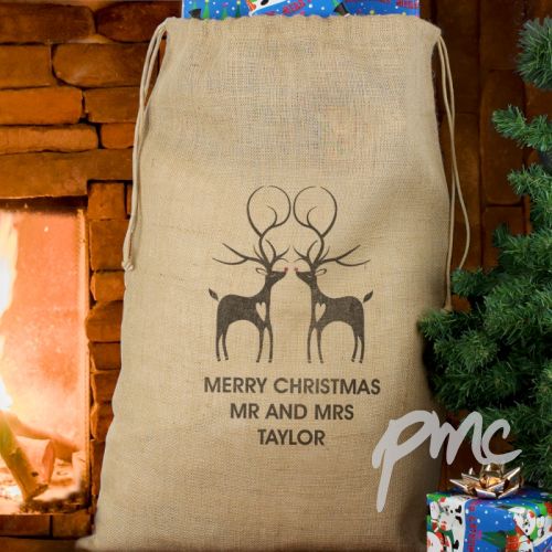 Personalised Reindeer Couple Hessian Sack