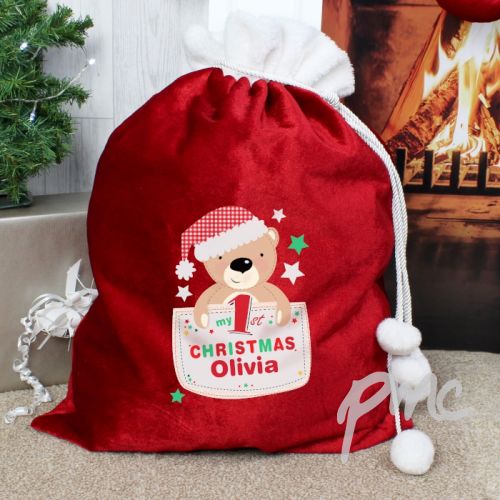 Personalised Pocket Teddy My 1st Christmas Luxury Pom Pom Sack