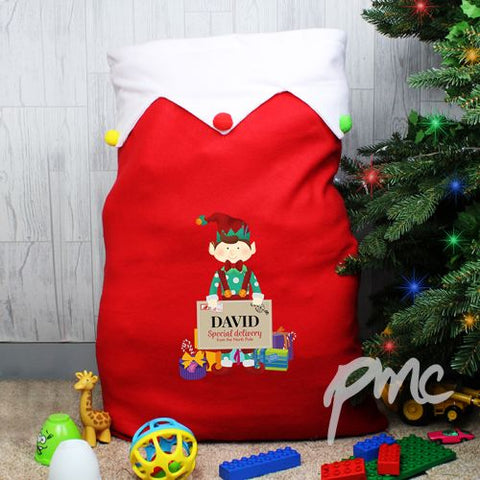 Personalised Christmas Elf Multicoloured Pom Pom Sack