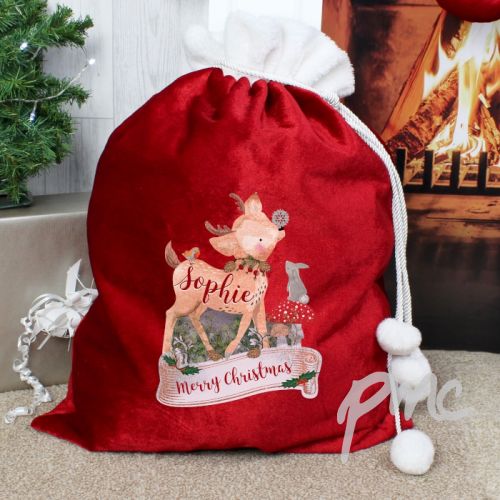 Personalised Festive Fawn Luxury Pom Pom Sack