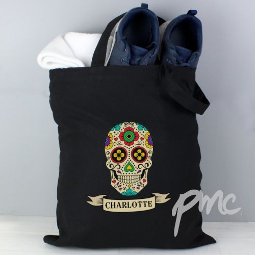 Personalised Sugar Skull Black Cotton Bag
