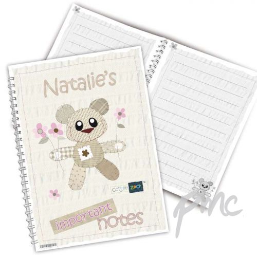 Personalised Cotton Zoo Tweed the Bear Pink A5 Notebook