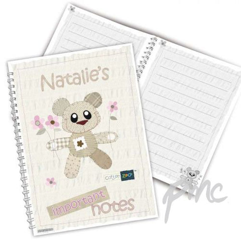 Personalised Cotton Zoo Tweed the Bear Pink A5 Notebook