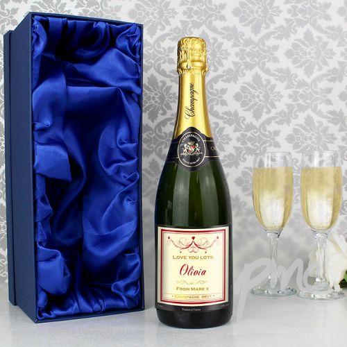 Personalised Red Swirl Champagne Label with Gift Box