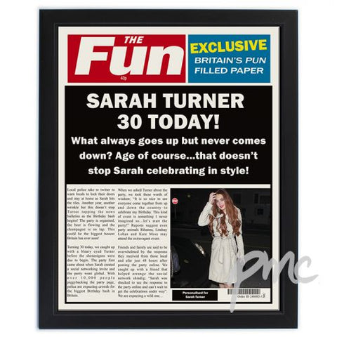 Personalised The Fun Spoof Newspaper Birthday Black Framed Poster Print