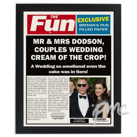 Personalised The Fun Spoof Newspaper Wedding Black Framed Poster Print