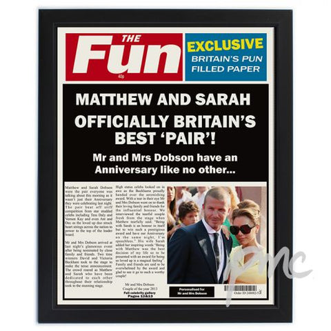 Personalised The Fun Spoof Newspaper Anniversary Black Framed Poster Print