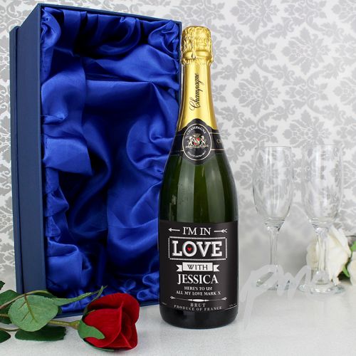 Personalised In Love With Champagne and Faux Rose with Gift Box