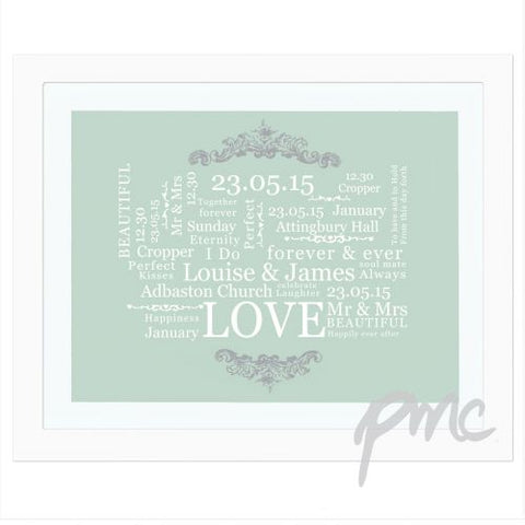 Personalised Wedding Typographic Art White Framed Poster Print