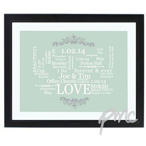 Personalised Wedding Typographic Art Black Framed Poster Print