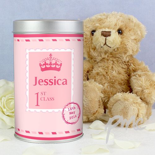 Personalised Pink 1st Class Teddy in a Tin
