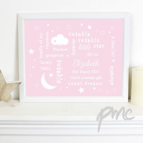 Personalised Pink Twinkle Twinkle Typography White Framed Poster Print