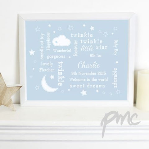 Personalised Blue Twinkle Twinkle Typography White Framed Poster Print