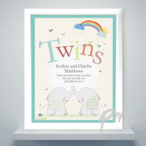 Personalised Hessian Elephant Twins White Framed Poster Print