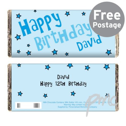 Personalised Blue Happy Birthday Stars Milk Chocolate Bar