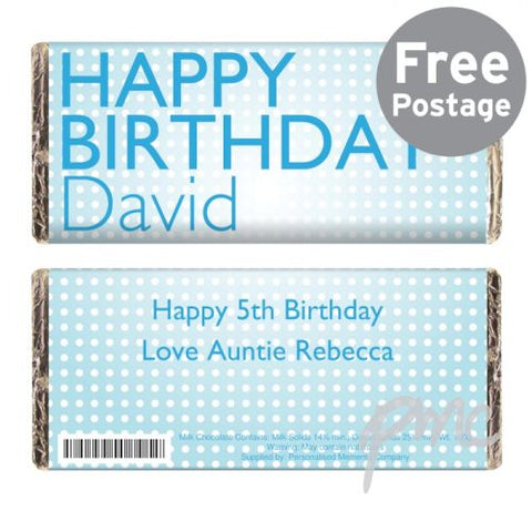 Personalised Happy Birthday Blue Dots Milk Chocolate Bar