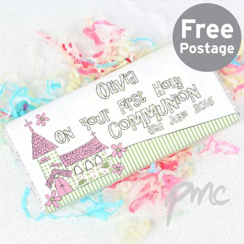 Personalised Whimsical Church Pink 1st Holy Communion Milk Chocolate Bar