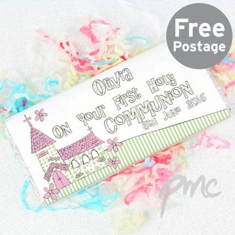 Personalised Whimsical Church Pink 1st Holy Communion Milk Chocolate Bar