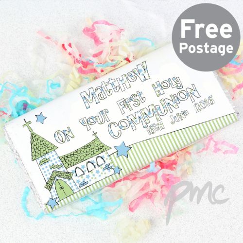 Personalised Whimsical Church Blue 1st Holy Communion Milk Chocolate Bar
